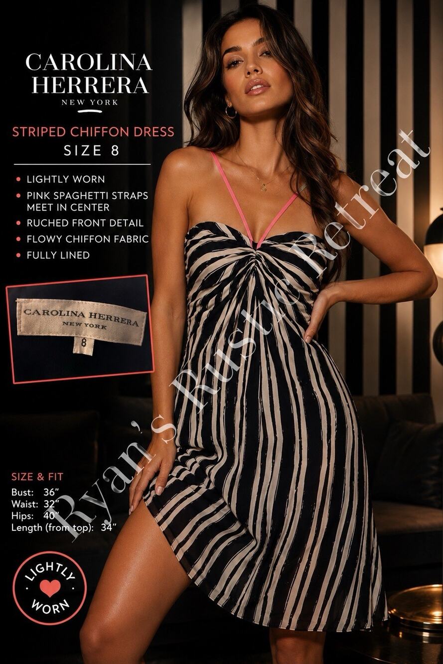 Carolina Herrera Striped Chiffon Dress Pink Straps Ruched Size 8 Lined DK - Picture 1 of 5